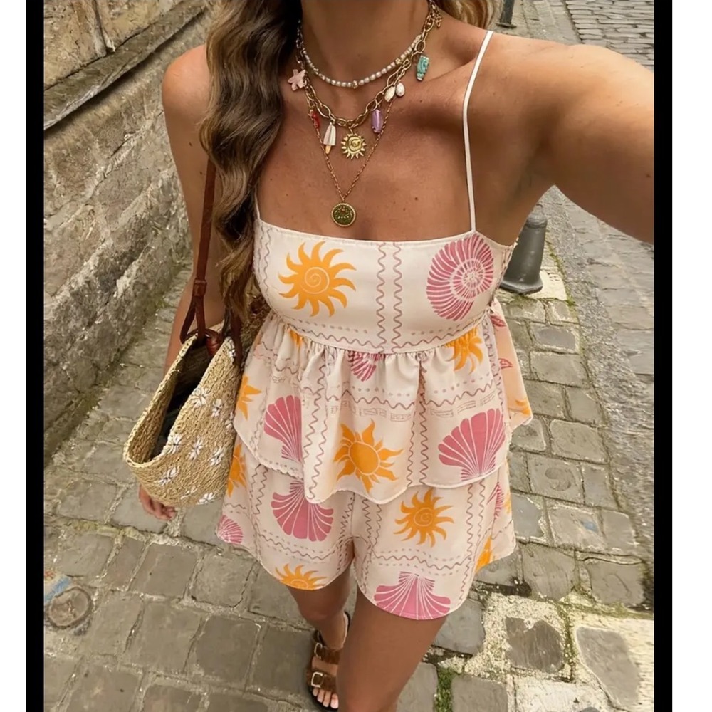 Women's 2 Piece Sun Shell Print Peplum Cami Top and Shorts Set, Size S